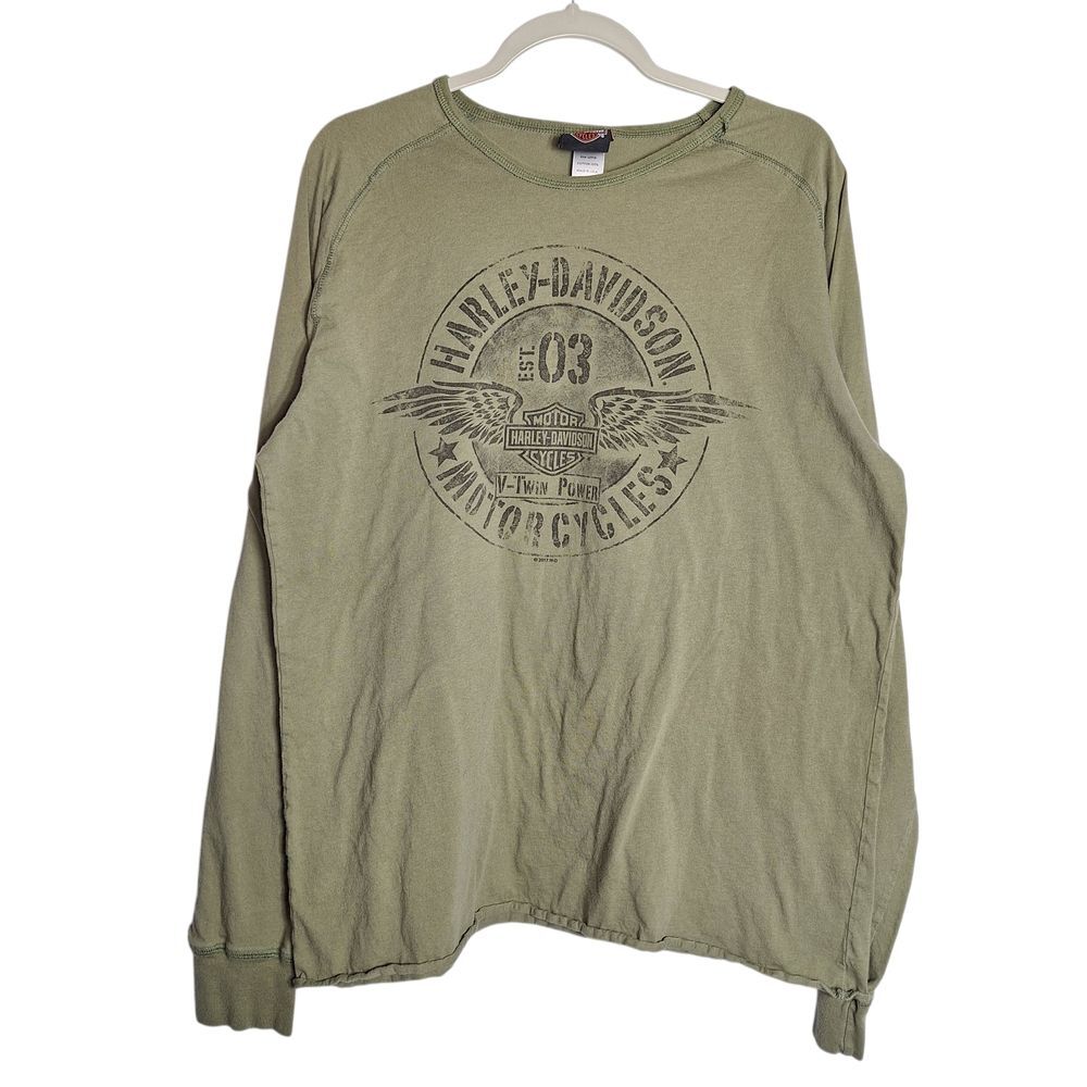 Harley Davidson Tee Shirt Long Sleeve Cotton Crew Olive XL Mens